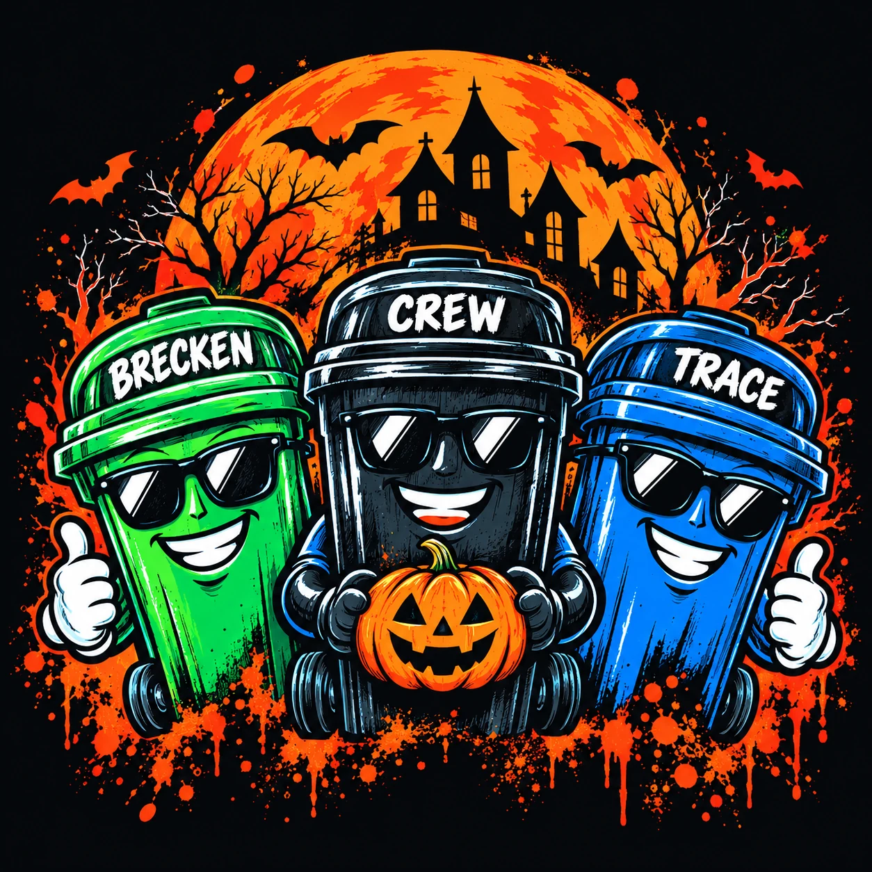 The three Bin Brothers mascots in sunglasses: green Brecken, charcoal Crew, and blue Trace, with a pumpkin and haunted house